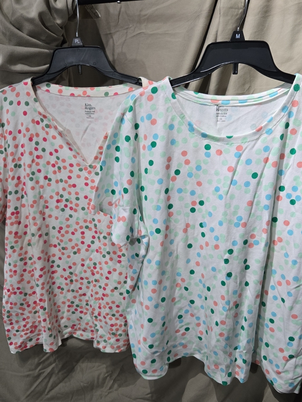Kim Rogers White Tee with Pink, Green & Blue Polka Dots